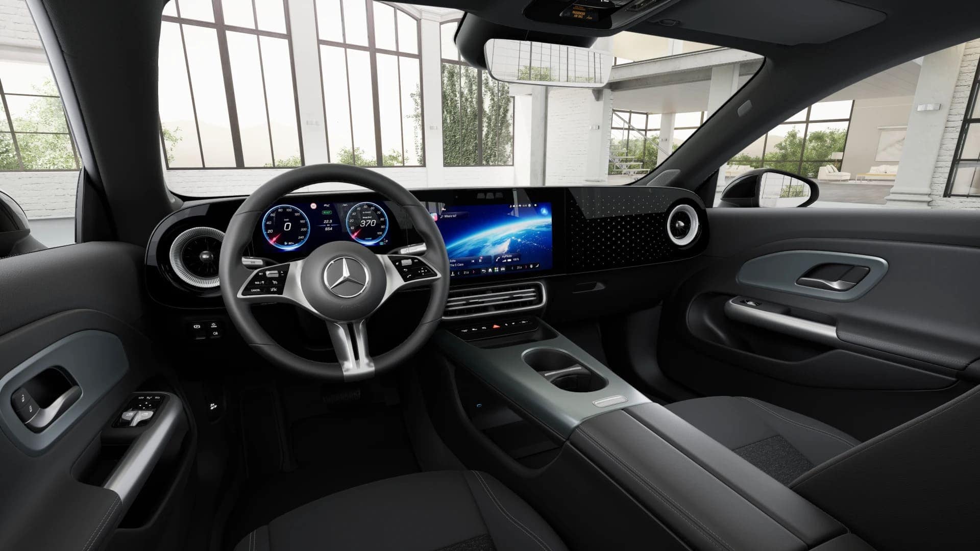Renting New Mercedes Benz CLA EQ Negro Cosmos Sedán Eléctrico Automático Etiqueta 0 Volante