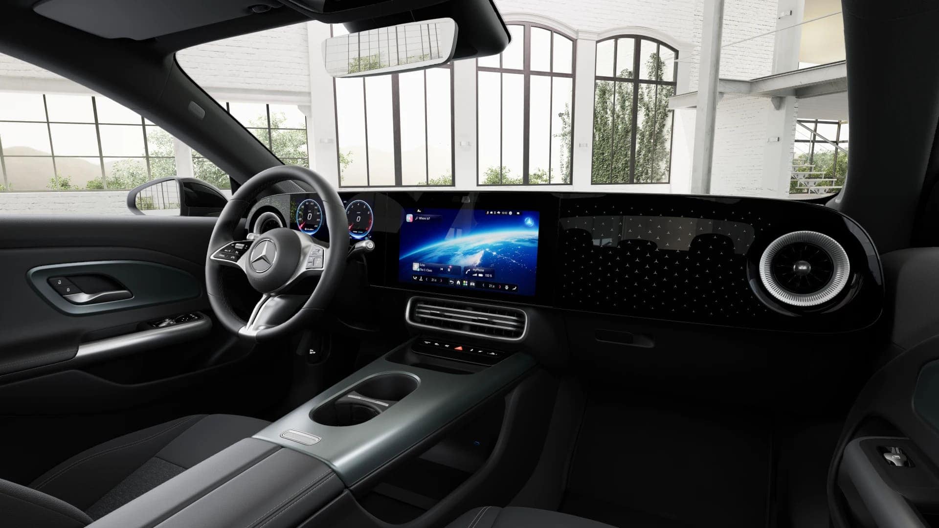 Renting New Mercedes Benz CLA Negro Cosmos Sedán Automático MHEV Micro-Híbrido Etiqueta ECO Interior
